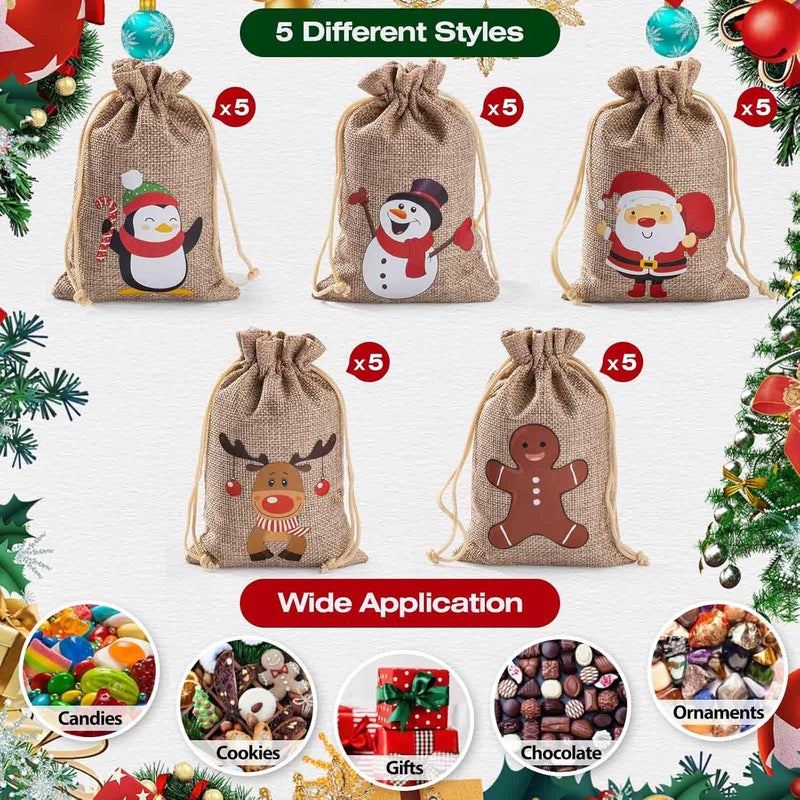 Homum 25 Pcs Christmas Burlap Gift Bags with Drawstring and Tags - 4x6 Inch Tiny Small Gift Bags for Xmas Candy and Christmas Supplies - Image 4